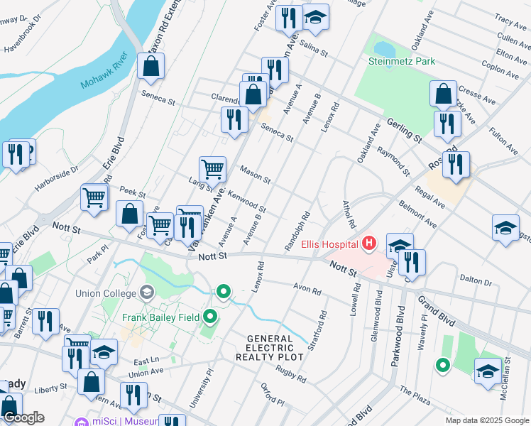 map of restaurants, bars, coffee shops, grocery stores, and more near 1637 Avenue B in Schenectady