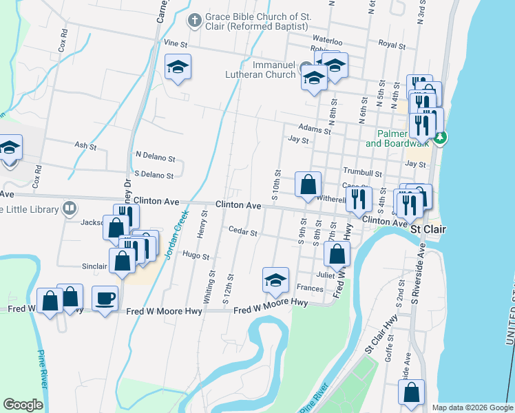 map of restaurants, bars, coffee shops, grocery stores, and more near 1115 Clinton Avenue in Saint Clair