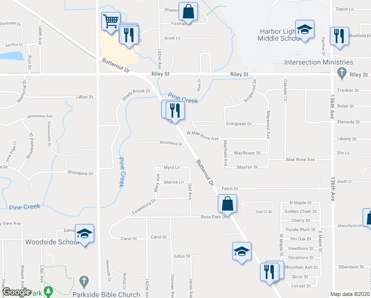 map of restaurants, bars, coffee shops, grocery stores, and more near 494 Woodland Drive in Holland