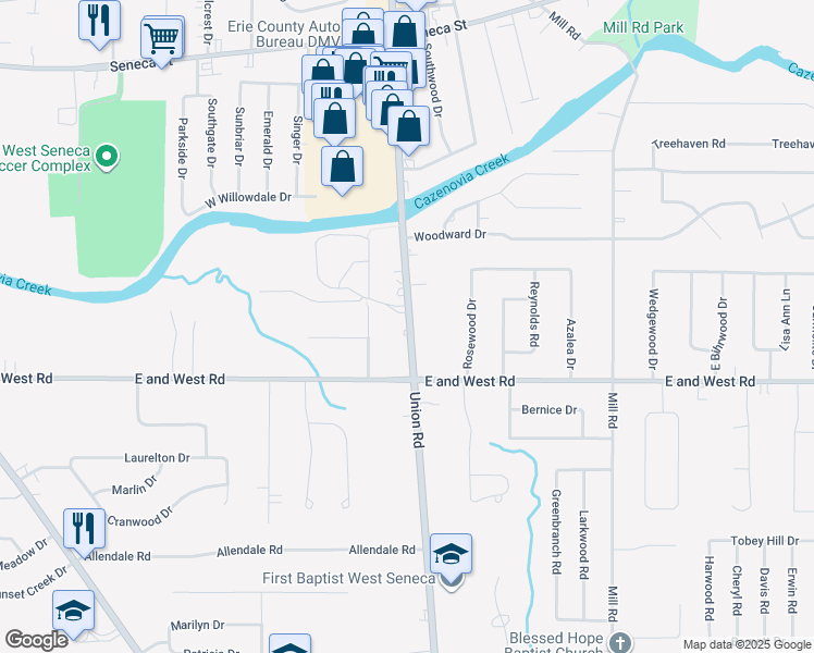map of restaurants, bars, coffee shops, grocery stores, and more near 800 New York 277 in West Seneca
