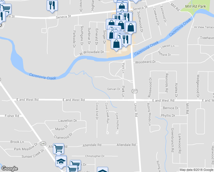 map of restaurants, bars, coffee shops, grocery stores, and more near 4 Gervan Drive in Buffalo