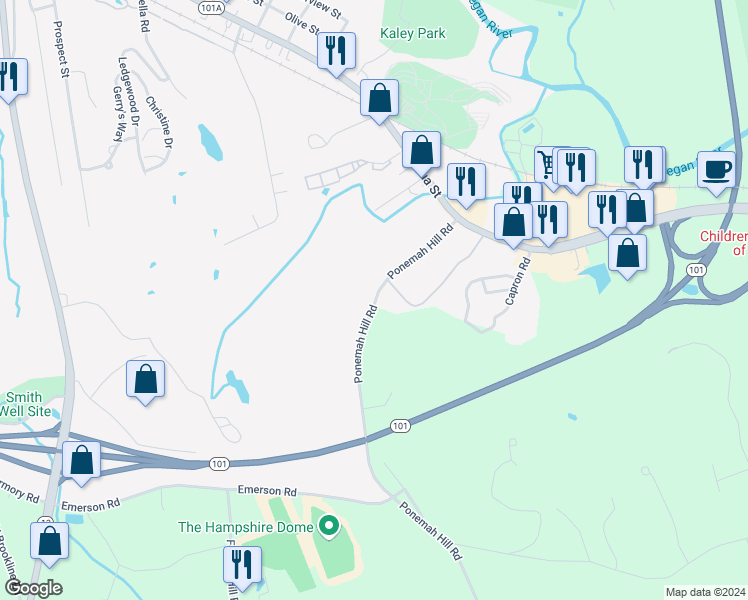 map of restaurants, bars, coffee shops, grocery stores, and more near 66 Ponemah Hill Road in Milford