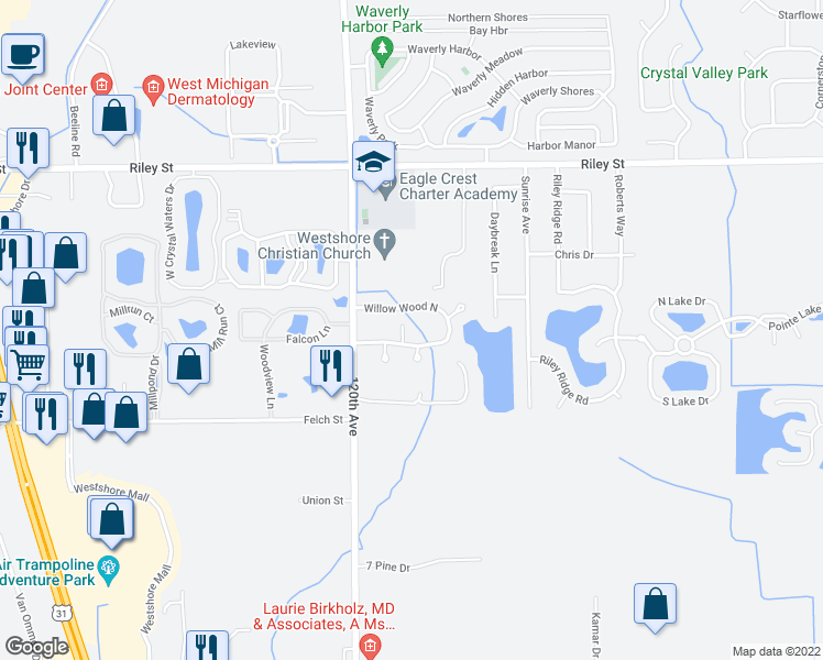 map of restaurants, bars, coffee shops, grocery stores, and more near 2938 Willow View Way in Holland