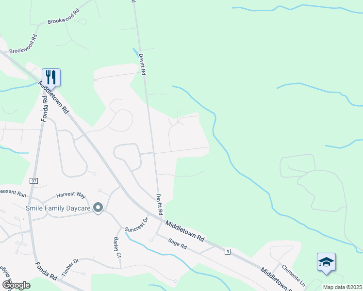 map of restaurants, bars, coffee shops, grocery stores, and more near 10 James Drive in Waterford