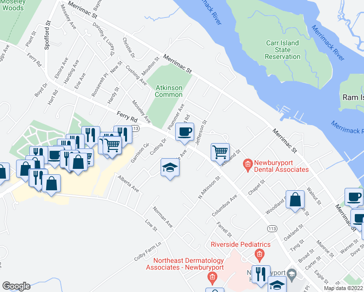 map of restaurants, bars, coffee shops, grocery stores, and more near 343 High Street in Newburyport