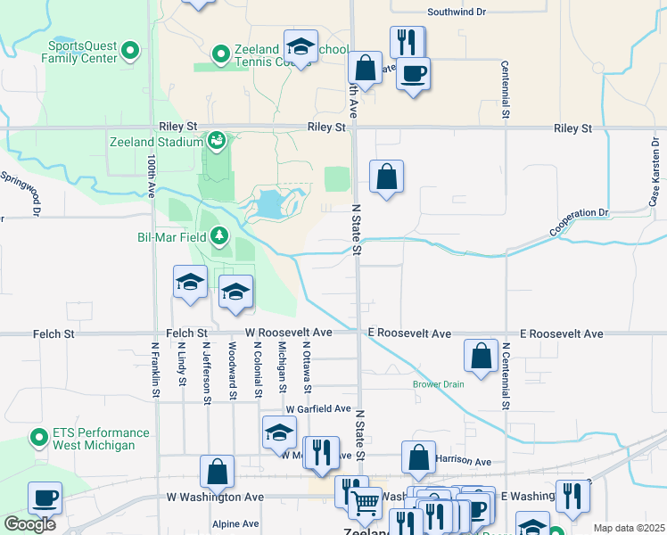 map of restaurants, bars, coffee shops, grocery stores, and more near 9646 Meadowland Court in Zeeland