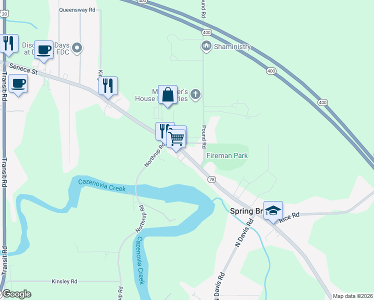map of restaurants, bars, coffee shops, grocery stores, and more near 6165 Seneca Street in Erie County