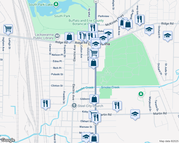 map of restaurants, bars, coffee shops, grocery stores, and more near 138 Victory Avenue in Lackawanna
