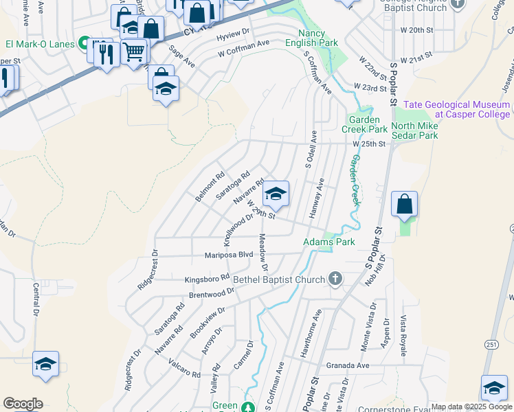 map of restaurants, bars, coffee shops, grocery stores, and more near 2760 Knollwood Drive in Casper