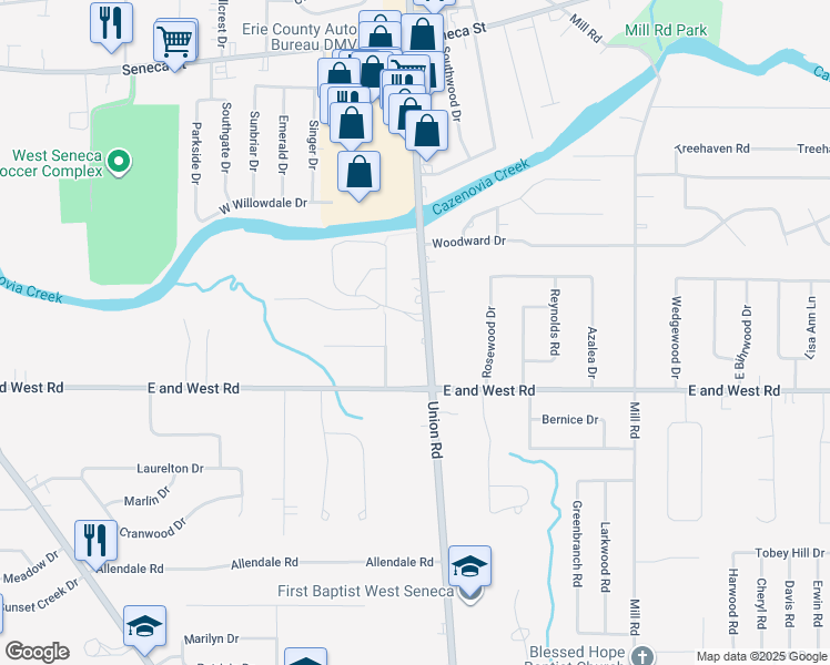 map of restaurants, bars, coffee shops, grocery stores, and more near 800 Union Road in West Seneca