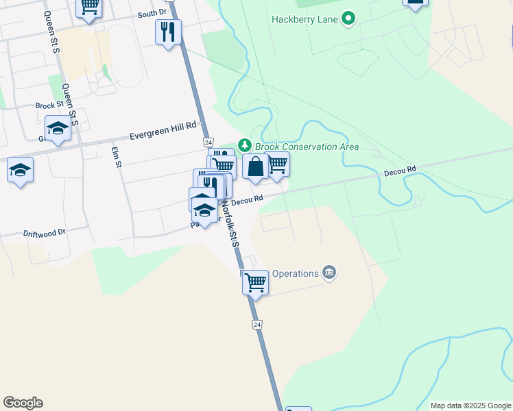 map of restaurants, bars, coffee shops, grocery stores, and more near 16 Decou Road in Simcoe