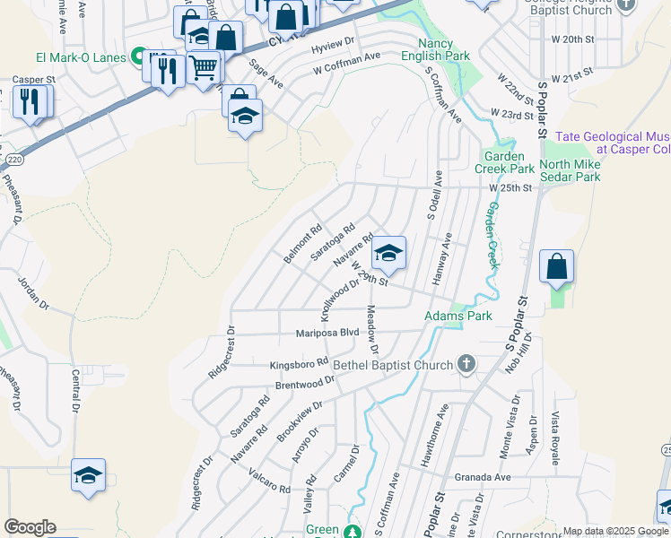 map of restaurants, bars, coffee shops, grocery stores, and more near 2921 Navarre Road in Casper