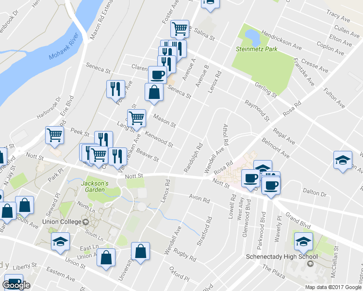 map of restaurants, bars, coffee shops, grocery stores, and more near 1655 Lenox Rd in Schenectady