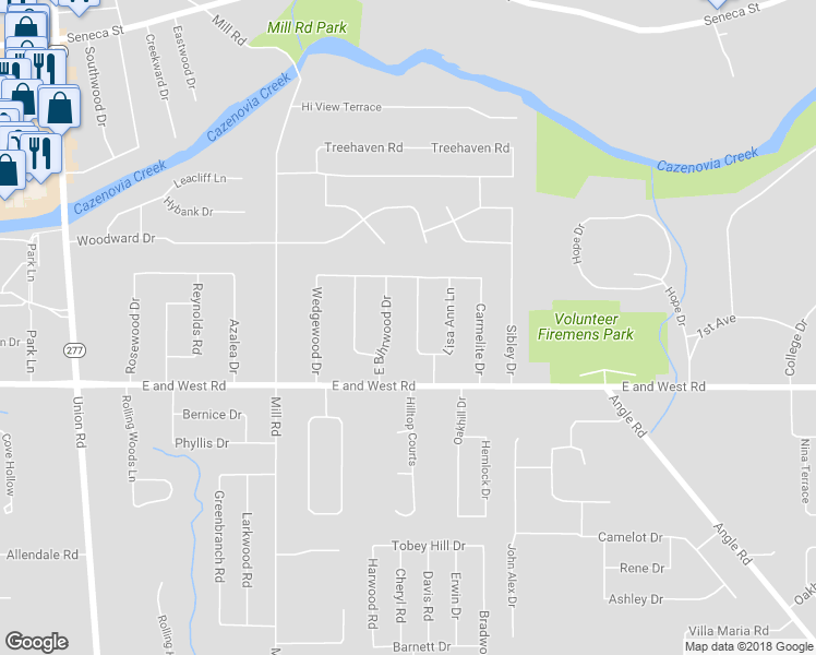 map of restaurants, bars, coffee shops, grocery stores, and more near 38 Tracy Lynn Lane in Buffalo