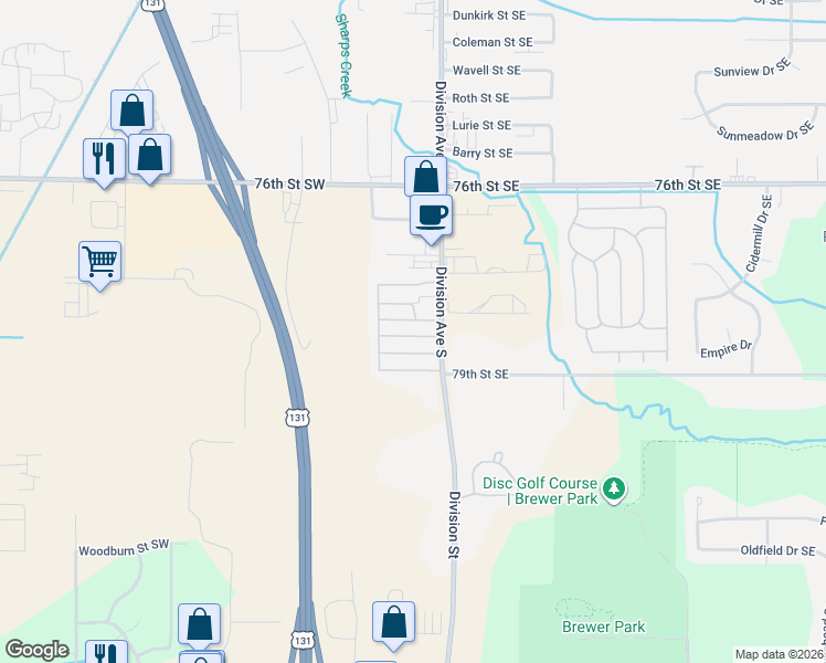 map of restaurants, bars, coffee shops, grocery stores, and more near 7805 Division Avenue South in Grand Rapids
