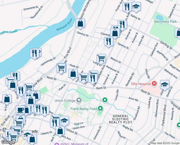 map of restaurants, bars, coffee shops, grocery stores, and more near 1579 Carrie Street in Schenectady