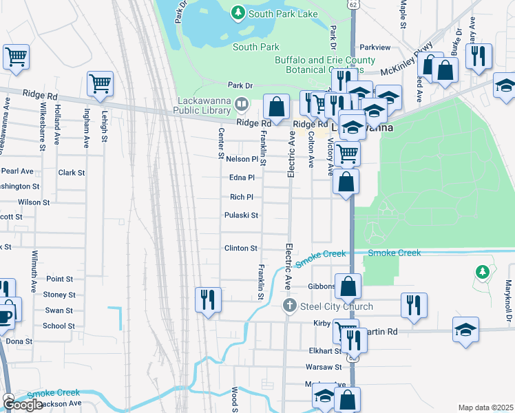 map of restaurants, bars, coffee shops, grocery stores, and more near 137 Franklin Street in Lackawanna