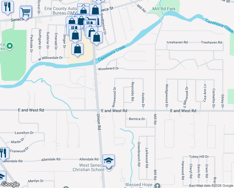 map of restaurants, bars, coffee shops, grocery stores, and more near 57 Rosewood Drive in West Seneca