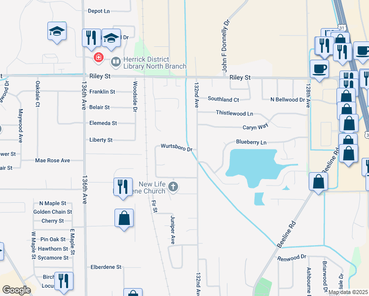 map of restaurants, bars, coffee shops, grocery stores, and more near 13239 Wurtsboro Drive in Holland