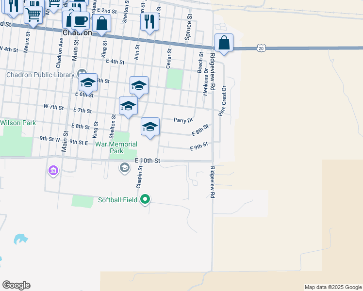 map of restaurants, bars, coffee shops, grocery stores, and more near 808 East 9th Street in Chadron