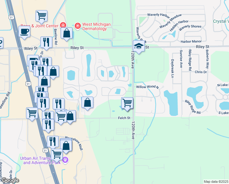 map of restaurants, bars, coffee shops, grocery stores, and more near 12049 Falcon Lane in Holland