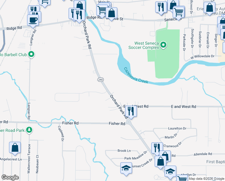 map of restaurants, bars, coffee shops, grocery stores, and more near 996 Orchard Park Road in Buffalo