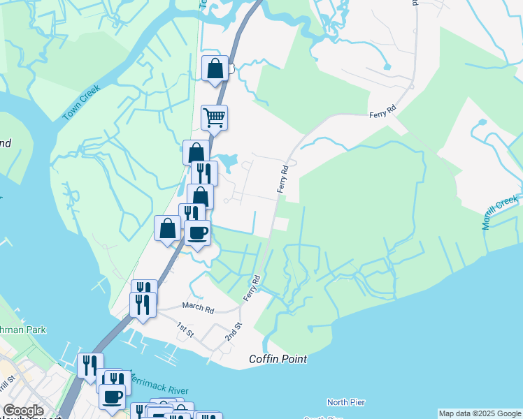 map of restaurants, bars, coffee shops, grocery stores, and more near 130 Ferry Rd in Salisbury