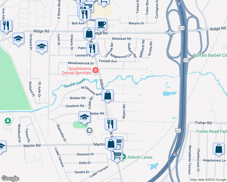 map of restaurants, bars, coffee shops, grocery stores, and more near 30 Elmview Avenue in Buffalo