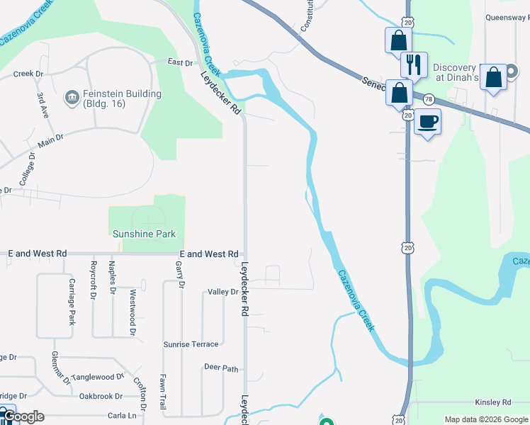 map of restaurants, bars, coffee shops, grocery stores, and more near 385 Leydecker Road in Buffalo
