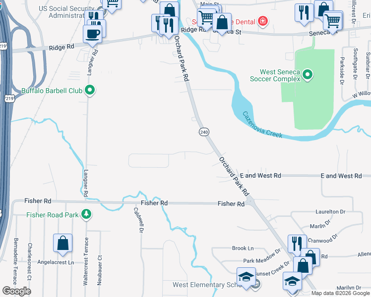 map of restaurants, bars, coffee shops, grocery stores, and more near 66 Elmsford Drive in West Seneca