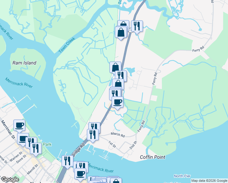 map of restaurants, bars, coffee shops, grocery stores, and more near 136 Bridge Rd in Salisbury