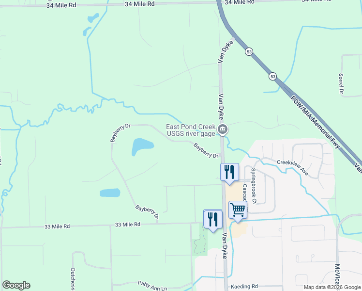 map of restaurants, bars, coffee shops, grocery stores, and more near 11448 Bayberry Drive in Macomb County