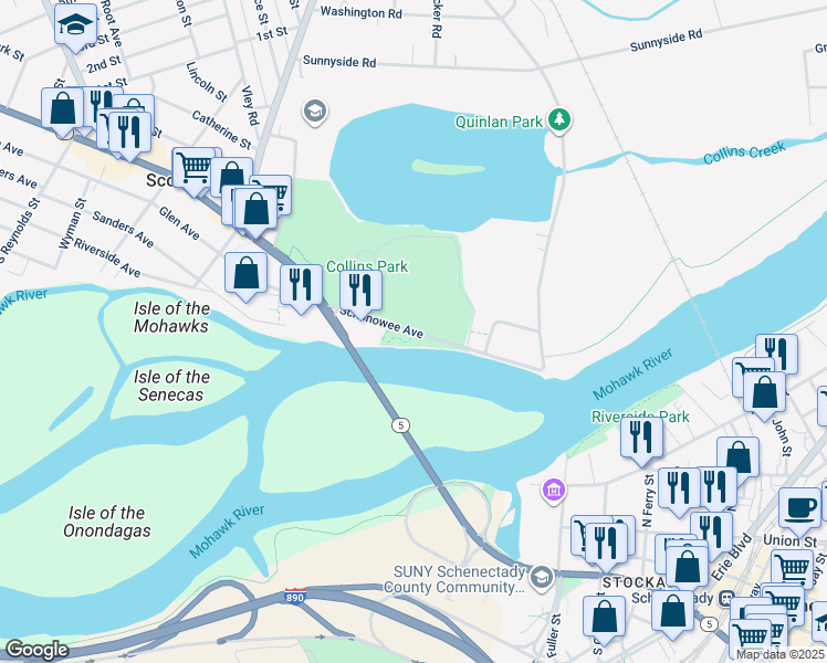 map of restaurants, bars, coffee shops, grocery stores, and more near Schonowee Avenue in Scotia