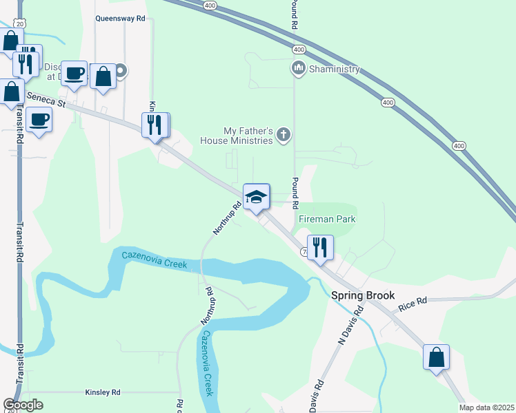 map of restaurants, bars, coffee shops, grocery stores, and more near 6140 Seneca Street in Erie County