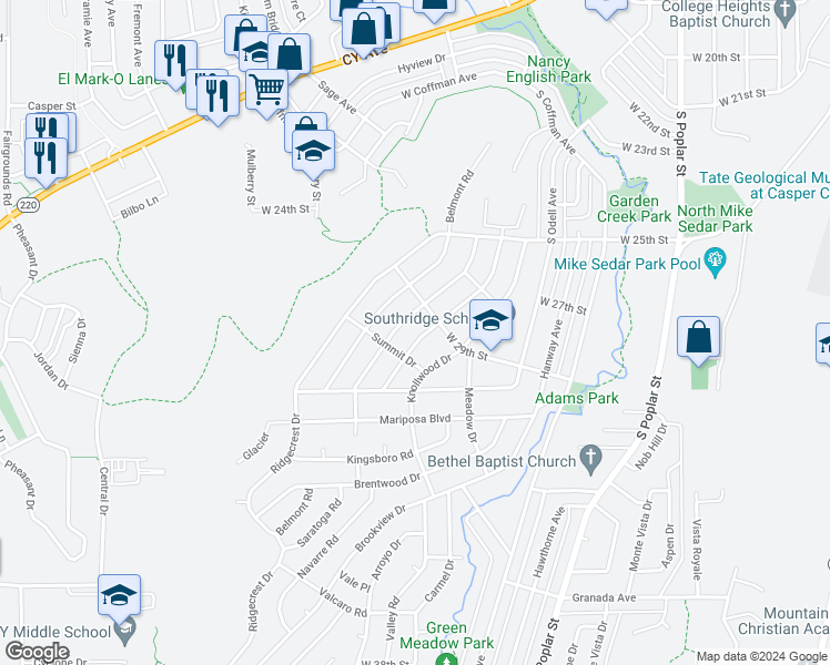 map of restaurants, bars, coffee shops, grocery stores, and more near 2924 Navarre Road in Casper