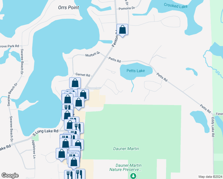 map of restaurants, bars, coffee shops, grocery stores, and more near 1500 North Towne Commons Boulevard in Fenton