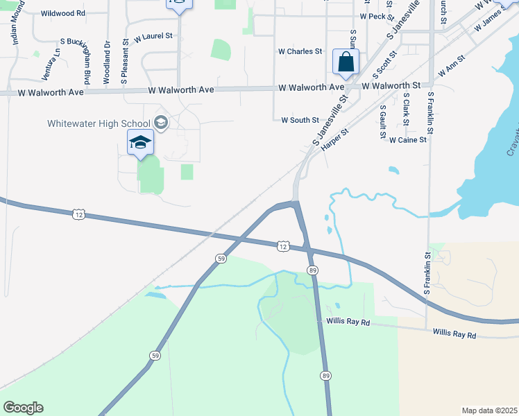map of restaurants, bars, coffee shops, grocery stores, and more near 880 South Janesville Street in Whitewater