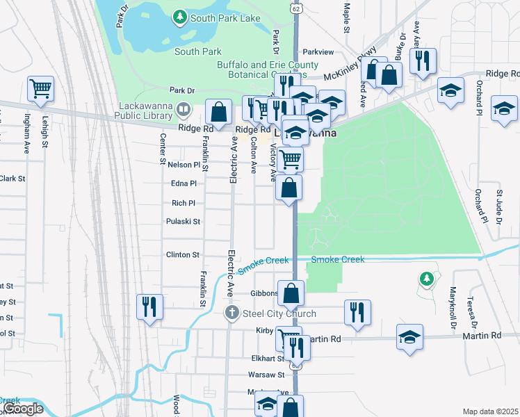 map of restaurants, bars, coffee shops, grocery stores, and more near 43 Maple Grove Avenue in Lackawanna