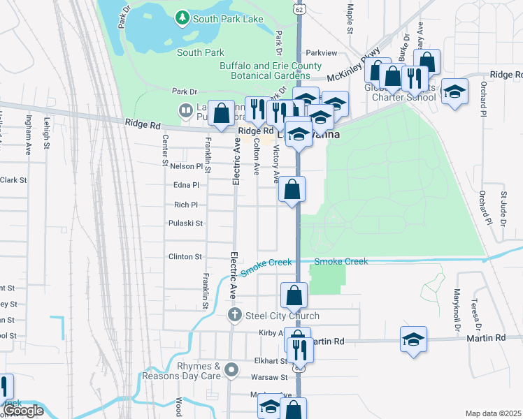 map of restaurants, bars, coffee shops, grocery stores, and more near 39 Maple Grove Avenue in Lackawanna