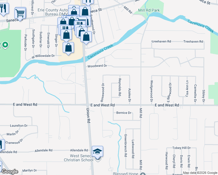 map of restaurants, bars, coffee shops, grocery stores, and more near 57 Rosewood Drive in West Seneca