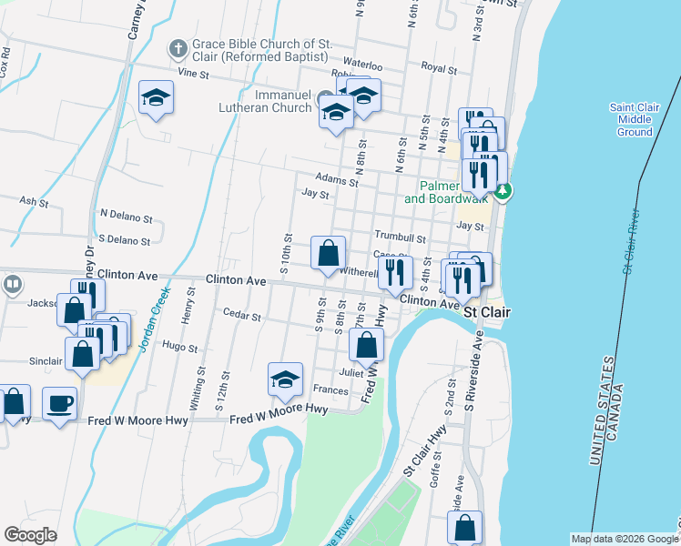 map of restaurants, bars, coffee shops, grocery stores, and more near 717 Witherell Street in Saint Clair