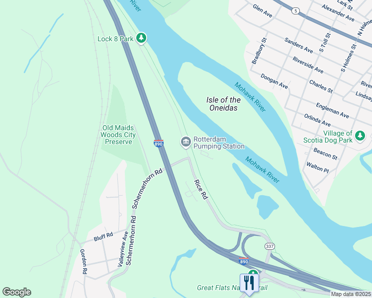 map of restaurants, bars, coffee shops, grocery stores, and more near Rice Road in Schenectady