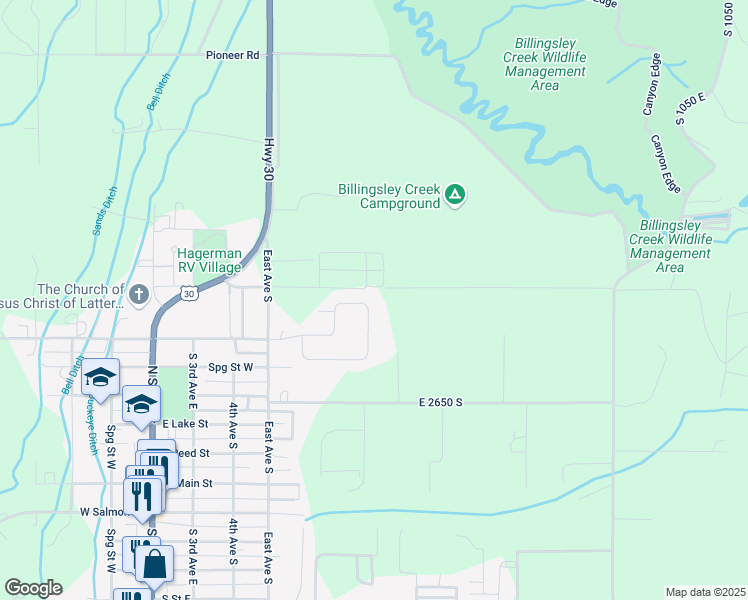 map of restaurants, bars, coffee shops, grocery stores, and more near 10 Valley Circle in Hagerman