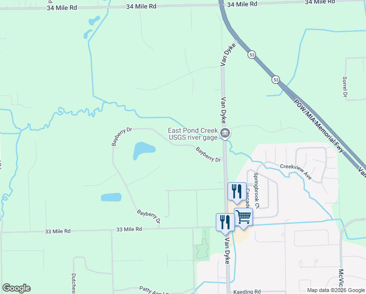 map of restaurants, bars, coffee shops, grocery stores, and more near 11448 Bayberry Drive in Macomb County