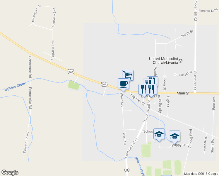 map of restaurants, bars, coffee shops, grocery stores, and more near 30 New York 15 in Livonia