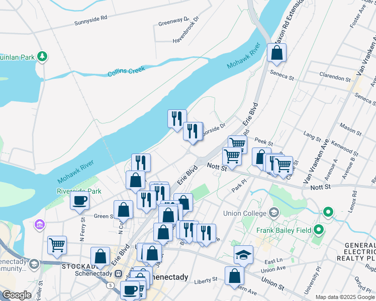 map of restaurants, bars, coffee shops, grocery stores, and more near 510 Front Street in Schenectady