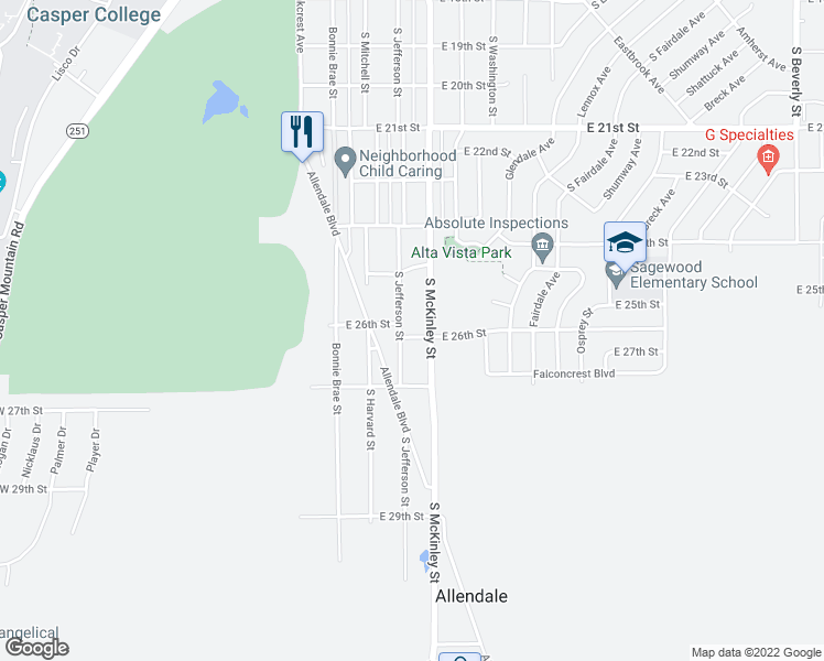 map of restaurants, bars, coffee shops, grocery stores, and more near 920 East 26th Street in Casper