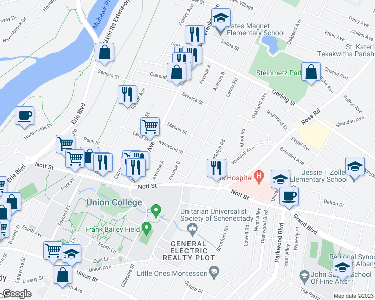 map of restaurants, bars, coffee shops, grocery stores, and more near 1660 Avenue B in Schenectady