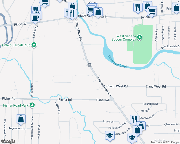 map of restaurants, bars, coffee shops, grocery stores, and more near 965 Orchard Park Road in Buffalo