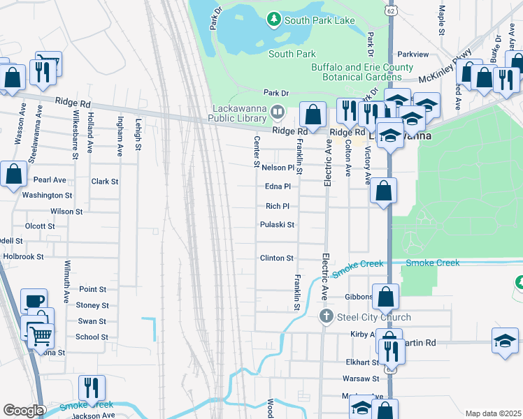 map of restaurants, bars, coffee shops, grocery stores, and more near 137 Center Street in Buffalo
